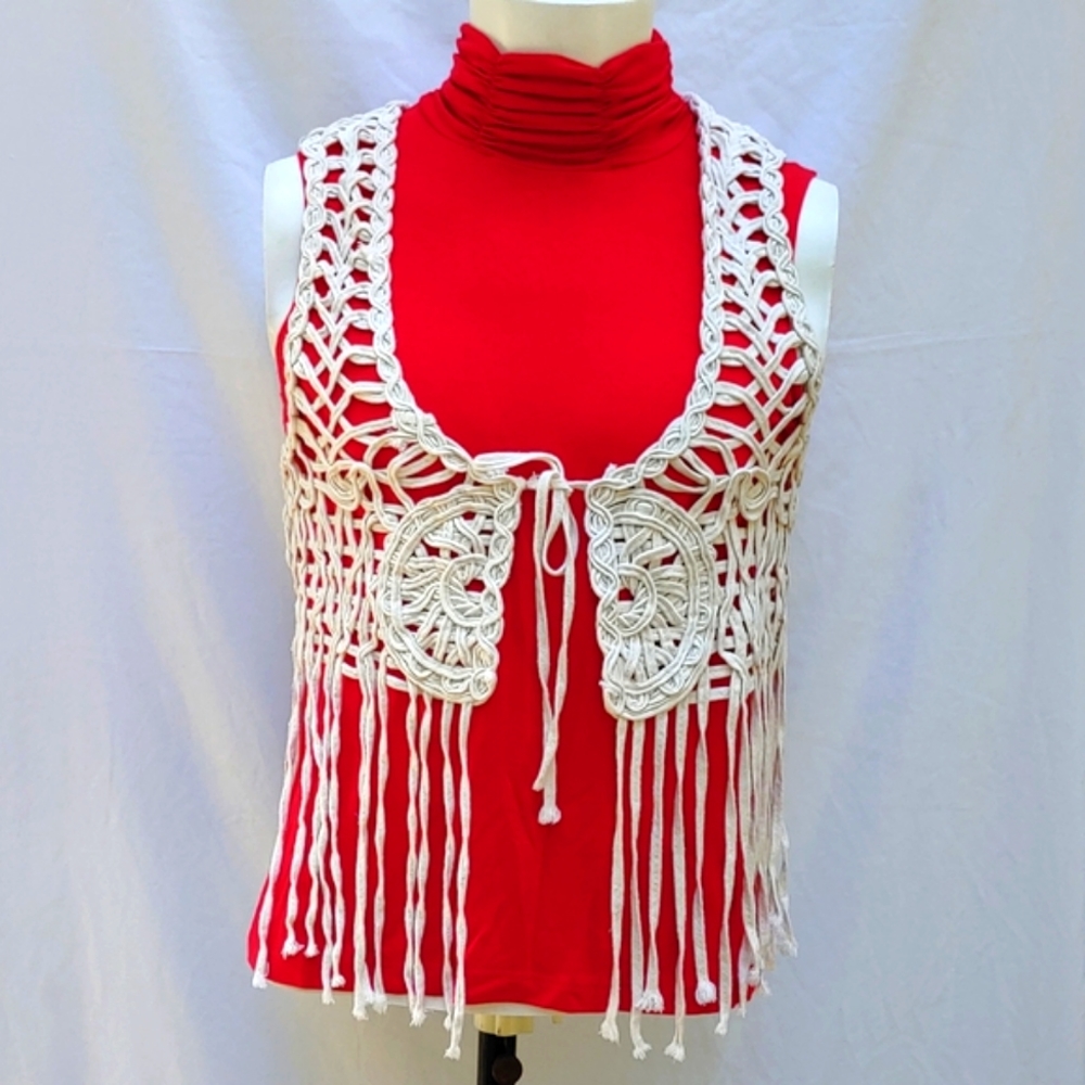 Juniors tan Room Mates crochet vest/beach cover up, L/XL, boho tassels,tie front